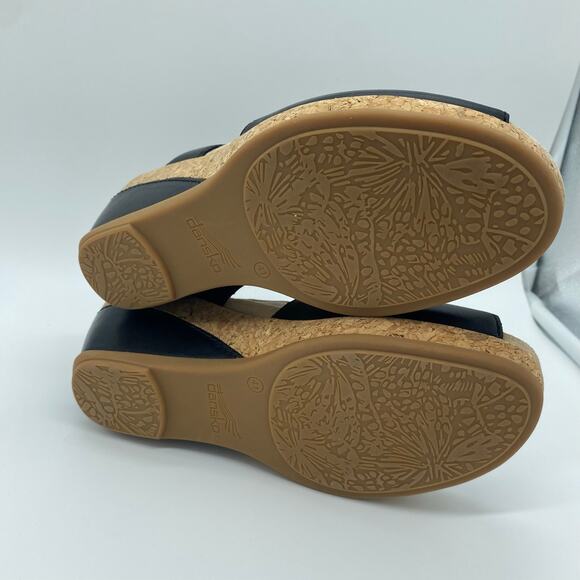 Dansko Black Leather Cork Peep-Toe Charlotte Wedge Sandals Women's size 41 / 10 - Picture 7 of 8